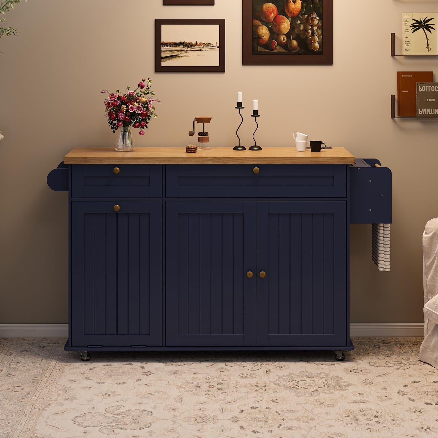 ComfyCorner 60" Rolling Large Kitchen Island on Wheels with Extendable Table, Drop Leaf & Power Outlet, Mobile Kitchen Cart with Storage Cabinet, 2 Drawers, Spice Rack, Towel & Knife Holder, Blue