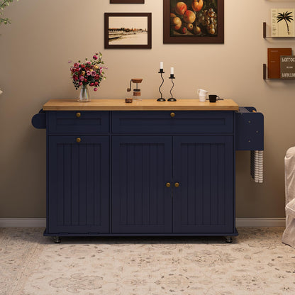 ComfyCorner 60" Rolling Large Kitchen Island on Wheels with Extendable Table, Drop Leaf & Power Outlet, Mobile Kitchen Cart with Storage Cabinet, 2 Drawers, Spice Rack, Towel & Knife Holder, Blue