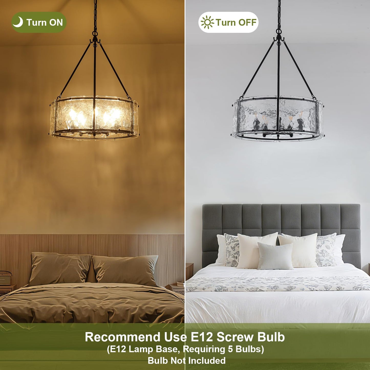 Enjoy the lights 5-Light Dining Room Light Fixture, Black Modern Drum Chandelier with Textured Glass Shade, Adjustable Farmhouse Chandelier for Foyer, Entryway, Kitchen Island, Living Room