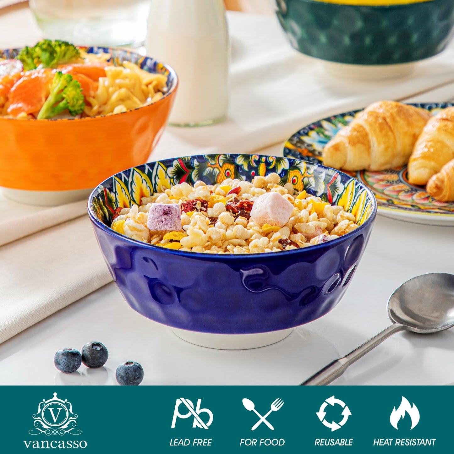 vancasso Ceramic Bowls Set of 6-26 oz Bohemian Style Colorful Cereal Soup Bowls, Microwave & Dishwasher Safe, Porcelain for Kitchen, Dining, Party (Gift Box)