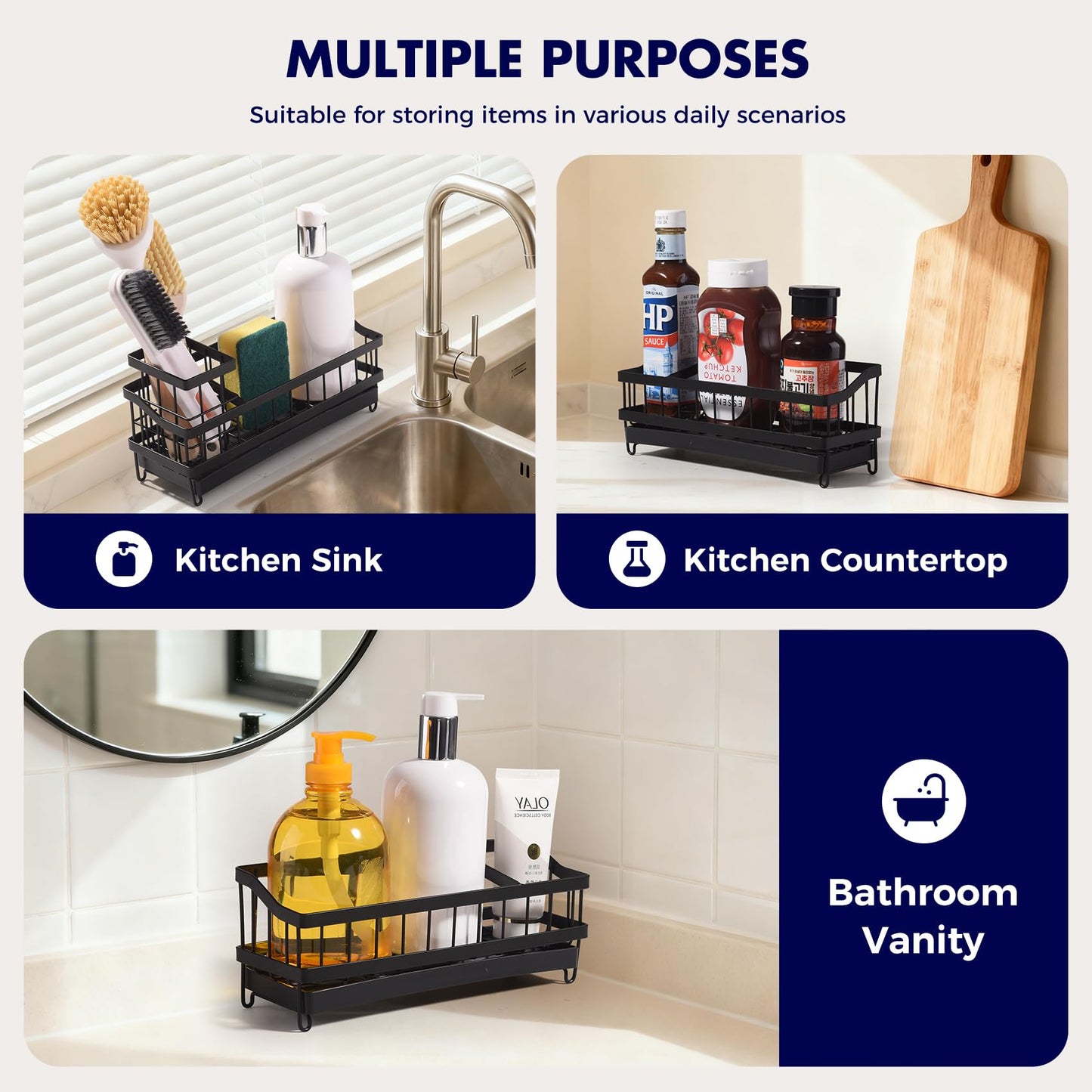 Aurchdly Sponge Holder for Kitchen Sink, Sink Caddy Organizer with High Brush Holder, Kitchen Countertop Organizers and Storage Essentials, Kitchen Decor, Rustproof 304 Stainless Steel