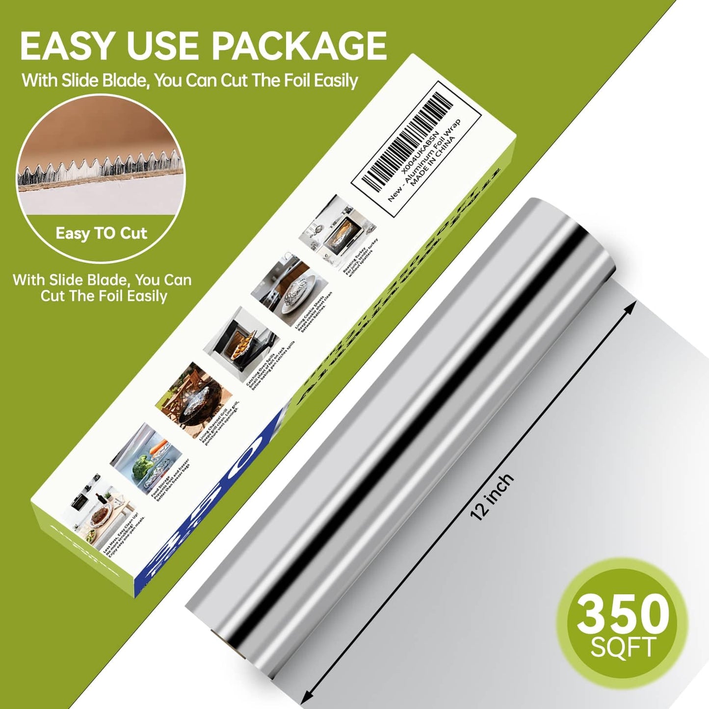 Aluminum Foil Roll, 12in x 350ft Aluminum Foil, Thick Strong Tin Foil with Cutter, Food Safe Cling Wrap for Cooking, Baking, Roasting, Grilling, Freezer Storage