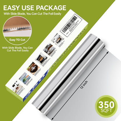 Aluminum Foil Roll, 12in x 350ft Aluminum Foil, Thick Strong Tin Foil with Cutter, Food Safe Cling Wrap for Cooking, Baking, Roasting, Grilling, Freezer Storage