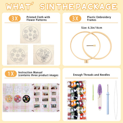 ojustbeok 3 Set Punch Needle Embroidery Starter Kits Includes Punch Needle Fabric with Daisy Pattern, Yarns, Embroidery Hoops, Sewing Needles, Instruction for Adults Beginner DIY Handmade Crafts Gifts