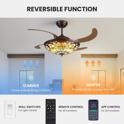 APBEAMLighting 52inch Ceiling Fan Tiffany Style Stained Glass Retractable Ceiling Fans with Remote & Dimmable Light 6-Speed Reversible Motor for Bedroom Dining Room Living Room Kitchen