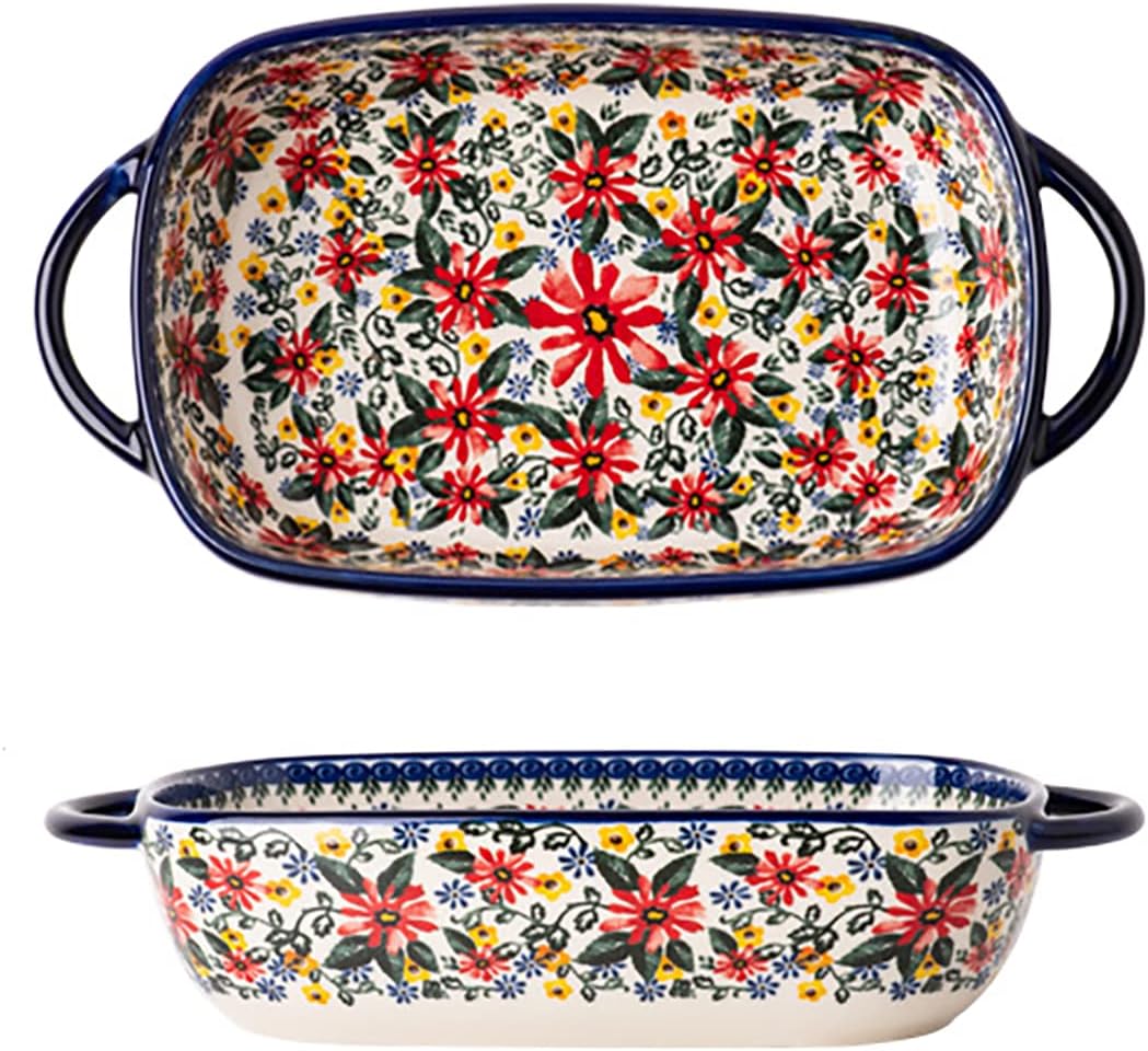 Red Daisy Flower Vintage Style Ceramic Bakeware Casserole Dish Baking Pan with Handles