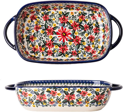 Red Daisy Flower Vintage Style Ceramic Bakeware Casserole Dish Baking Pan with Handles