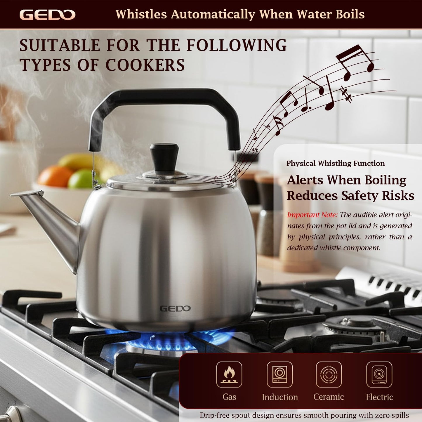 GEDO Stainless Steel Whistling Tea Kettle, 304 Food Grade, Large Capacity, Stovetop Kettle for Gas Stove and Induction Cooktop (4L/4.22QT)