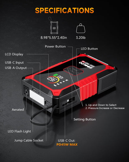 GOOLOO A5 Jump Starter with Air Compressor, 4000A Car Battery Jump Starter (All Gas/10.0L Diesel) with 160PSI Tire Inflator Auto-Off, 45W PD Fast Charging, 12V Jump Box Car Jumper Starter Portable