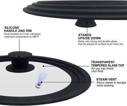 Universal Lid for Small Pots, Pans, Skillets & Frying Pan - Fits 6.5", 7" & 8" Diameter Cookware - Tempered Glass