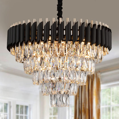 AXILIXI Crystal Chandelier Contemporary, 24" Modern Living Room Chandeliers, K9 Crystal Ceiling Lights Fixtures, Round 5 Tiers Pendant Lighting Chandelier Black for Entryway Dining Room Staircase
