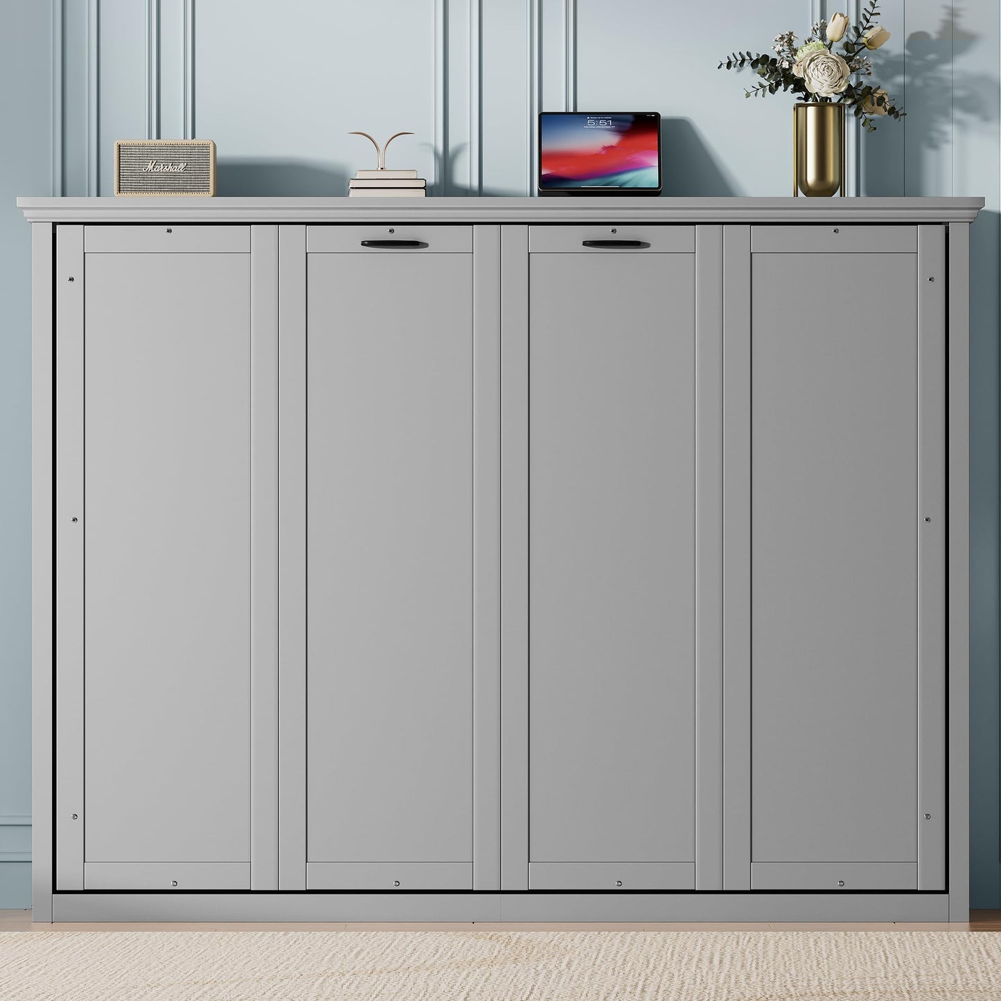 DNYN Queen Size Murphy Bed for Bedroom,Guest Room,Solid Wood Wall Bedframe w/Wooden Leg & Cabinet Design,Super Save Space & No Box Spring Needed, Gray