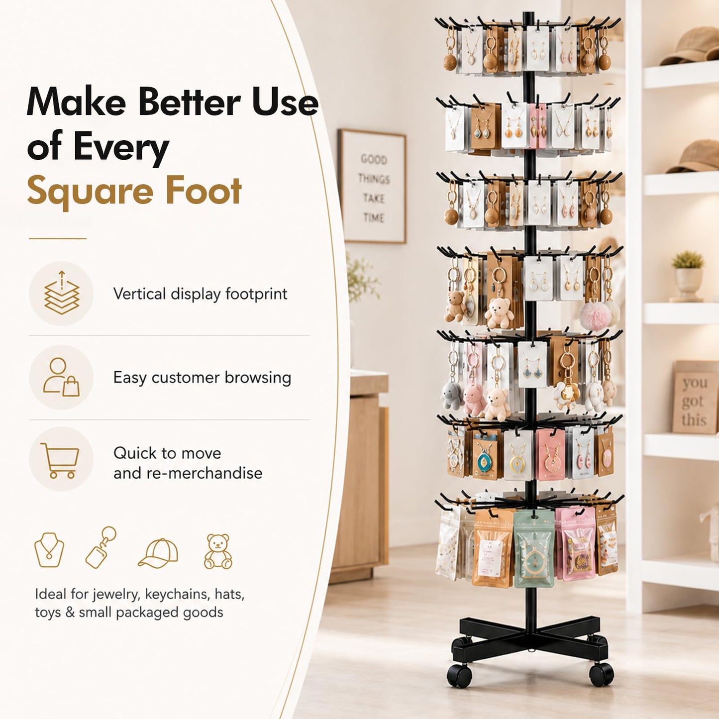 Homelio 7-Tier Heavy Duty Rotating Display Rack with Wheels, Metal Floor Spinner Stand for Retail Store, Adjustable Keychain & Jewelry Display Shelves for Craft Fair & Showroom