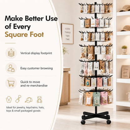 Homelio 7-Tier Heavy Duty Rotating Display Rack with Wheels, Metal Floor Spinner Stand for Retail Store, Adjustable Keychain & Jewelry Display Shelves for Craft Fair & Showroom