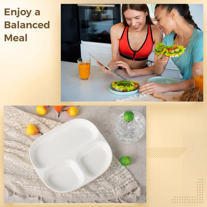 OMISTAR 2 Pcs Ceramic Plates for Kids, 8.5" Divided Plates for Adults, Portion Control Plate, White Ceramic Plate for Balanced Meals, Diabetes and Weight Loss Diet