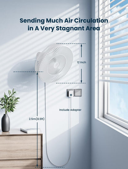 12 Inch Oscillating Wall Mount Fan with Remote & Timer, 4-Speed Quiet Indoor Bathroom/RV Fan, 90°Rotation,Adjustable Tilt,8.2ft Cord for Bedroom&Home Cooling, AC Fan for Corner,Garage,Easy Mount/Clean