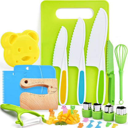 26PCS Set 4 Hilsoeet Kids Knives for Real Cooking, Wooden Kids Kitchen Knife Include Serrated Edges Plastic Toddler