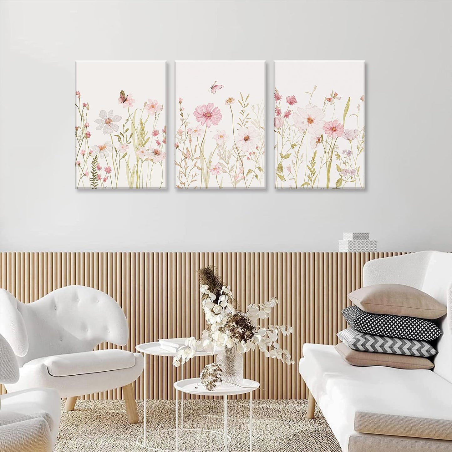3 12x16in MTFBWY Piece Pink Wildflower Canvas Wall Art, Vintage Floral Botanical Prints, Sage Green Flower Pictures