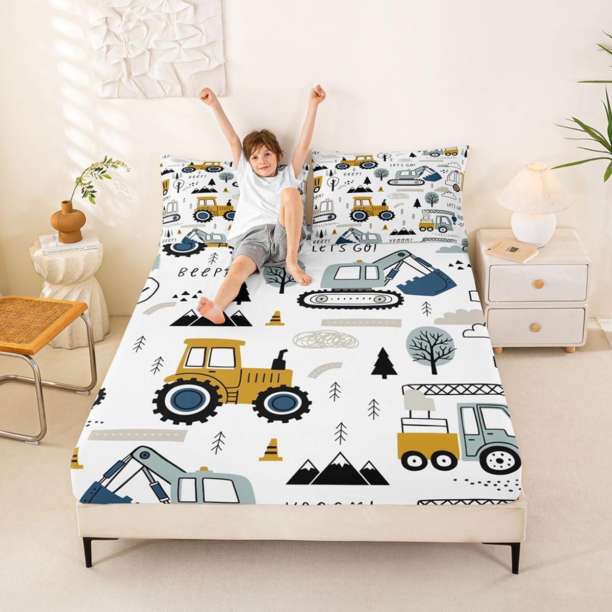Set Set 3Pcs Feelyou Cartoon Car Kids Fitted Sheet Construction Bed Sheet Decor Equipment Trucks Bedding Cartoon Car