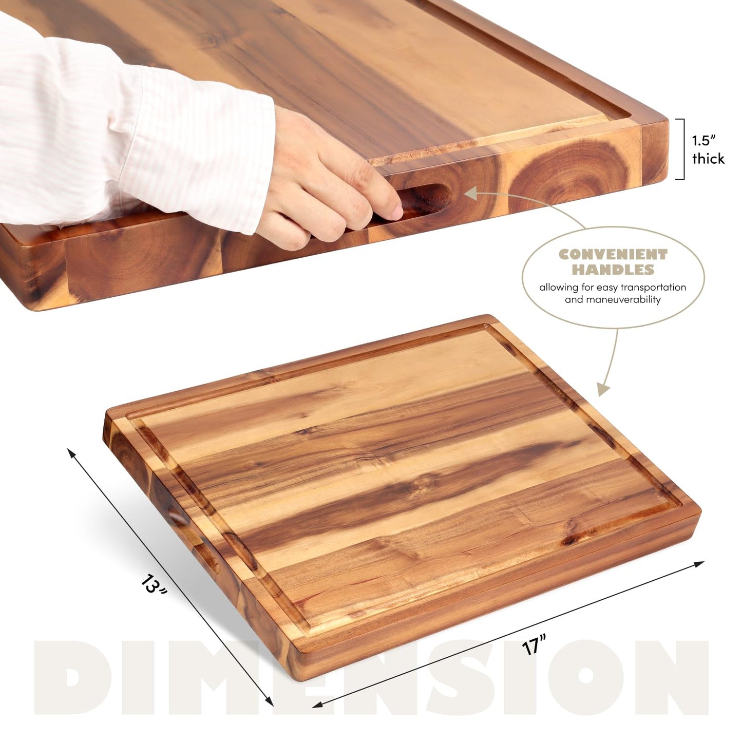 Acacia Wood Cutting Board (17x13x1.5in) and Wooden Butcher Block, Chopping Board - Reversible Multipurpose For Meat, Cheese Board, Vegetables, Bread...with Juice Groove, Cracker Holder & Inner Handles