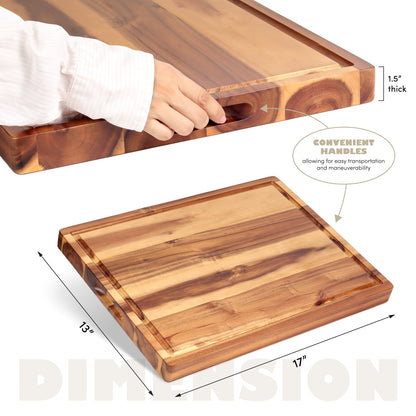 Acacia Wood Cutting Board (17x13x1.5in) and Wooden Butcher Block, Chopping Board - Reversible Multipurpose For Meat, Cheese Board, Vegetables, Bread...with Juice Groove, Cracker Holder & Inner Handles