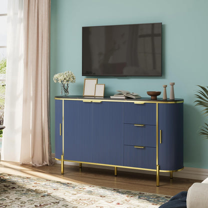 BouPower 59" Buffet Cabinet with Faux Marble Top, Sideboard with 3 Drawers - Entryway Coffee Bar & Media Console Table, Wooden Storage Cupboard for Living Room, Dining Room