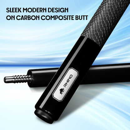 RHINO LUMINAX Carbon Fiber Billiard Cue Stick, Pro Taper Low Deflection Shaft, 3/8-8 Stainless Steel Joint, Composite Butt, Sport Wrap Grip