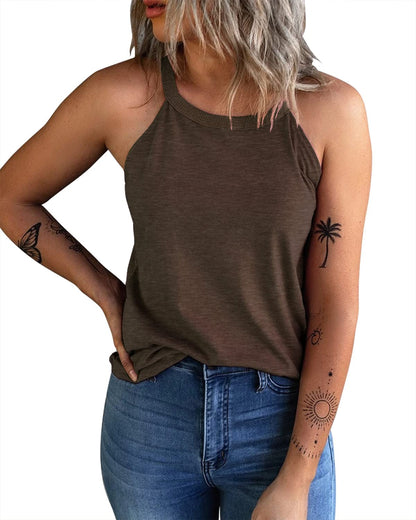 KINLONSAIR Women's Summer Sleeveless Halter Tee Shirts Crew Neck Workout Tank Tops Casual Plain Cami Shirts Coffee