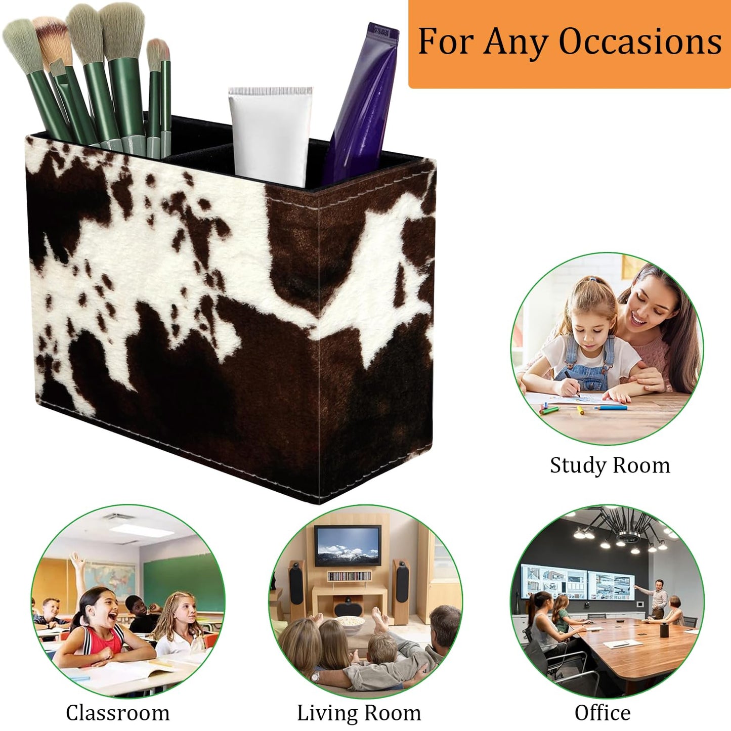 VSHSEEOM Cow Hide Print Pencil Holder for Desk, PU Leather Multifunctional Mobile Pen Holder Desktop Organizer Makeup Brush Holder for Classroom, Office and Home