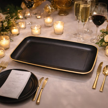 Blue Sky Organic Black Disposable Rectangular Trays with Gold Rim - 2 Count, 18"x11" | Elegant Plastic Serveware & Sturdy Party Essentials