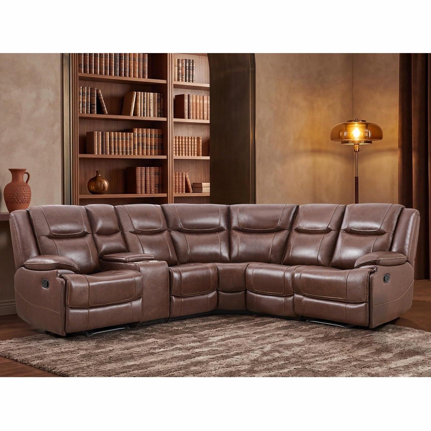 EBELLO Genuine Leather Recliner Sectional Sofa Set, Manual Reclining Corner Couches with Storage Console and Hidden Cup Holders, Extra Wide Footrest for House/Living Room, Brown