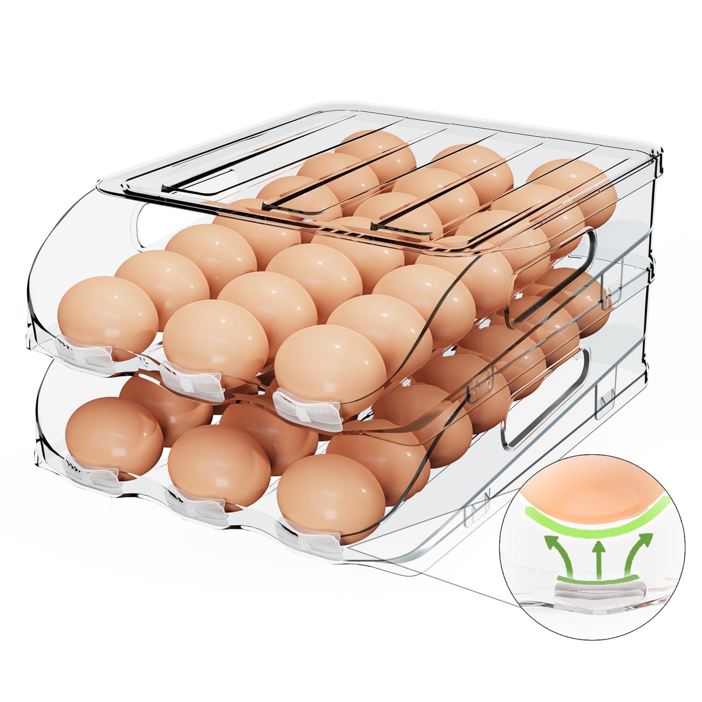 SMRCAD Egg Holder for Fridge, Automatic Steady Rolling Egg Dispenser with Silicone Bumpers & Handle for Refrigerator, Large Capacity Egg Organizer with Lid