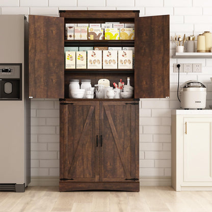 Hlivelood 71" Tall Kitchen Pantry,Farmhouse Storage Cabinet with Adjustable Shelves,Load-Bearing Steel Pipe,Farmhouse Pantry Cabinet with 4 Barn Doors, for Kitchen,Dining Room,Living Room(Brown)