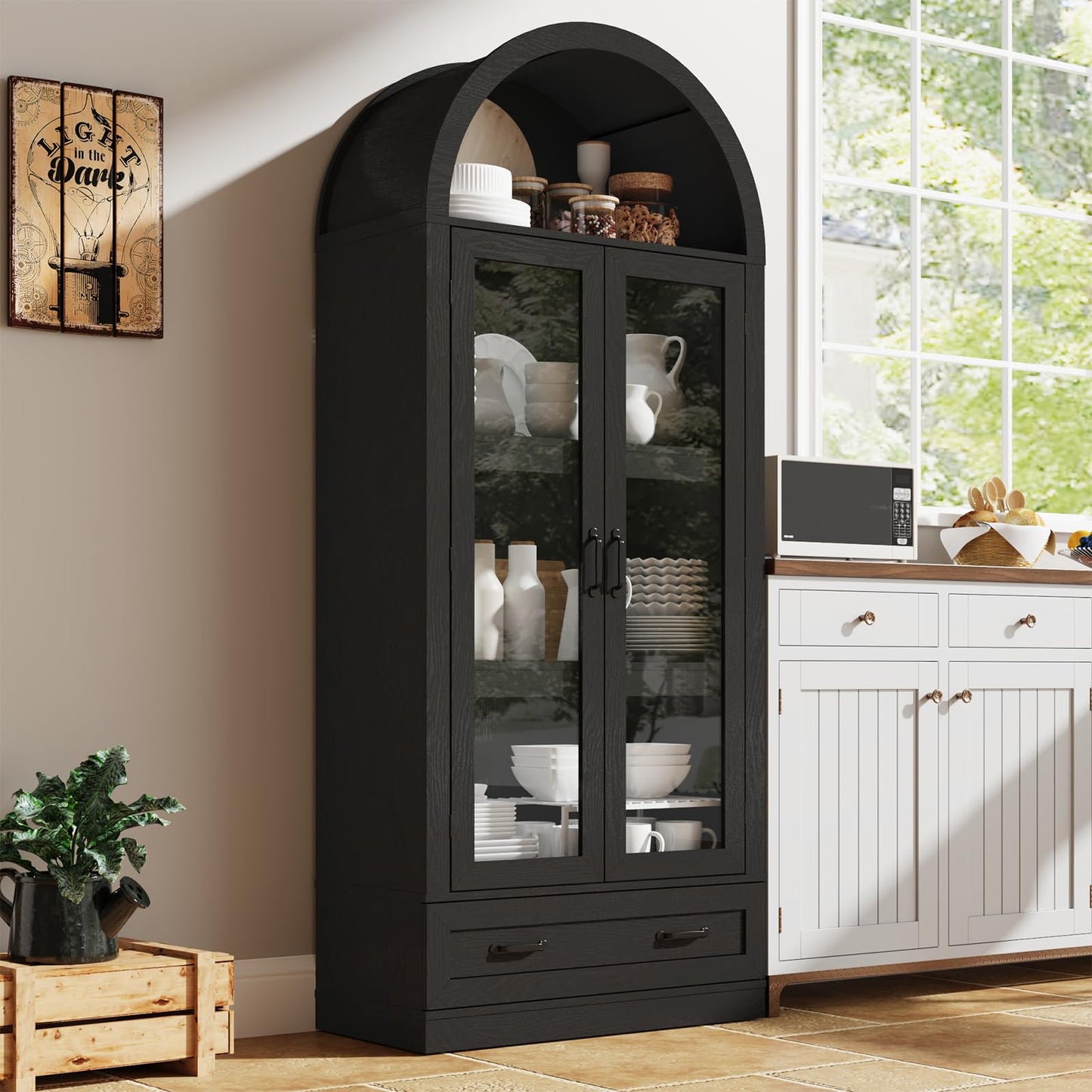 75" Tall Arched Kitchen Pantry Cabinet w Load-Bearing Steel Pipe,Modern Farmhouse Kitchens Storage Cabinet with Drawer and Glass Doors,Tall Arched Bookcase,Pantry Organizer(Woodgrain Black)