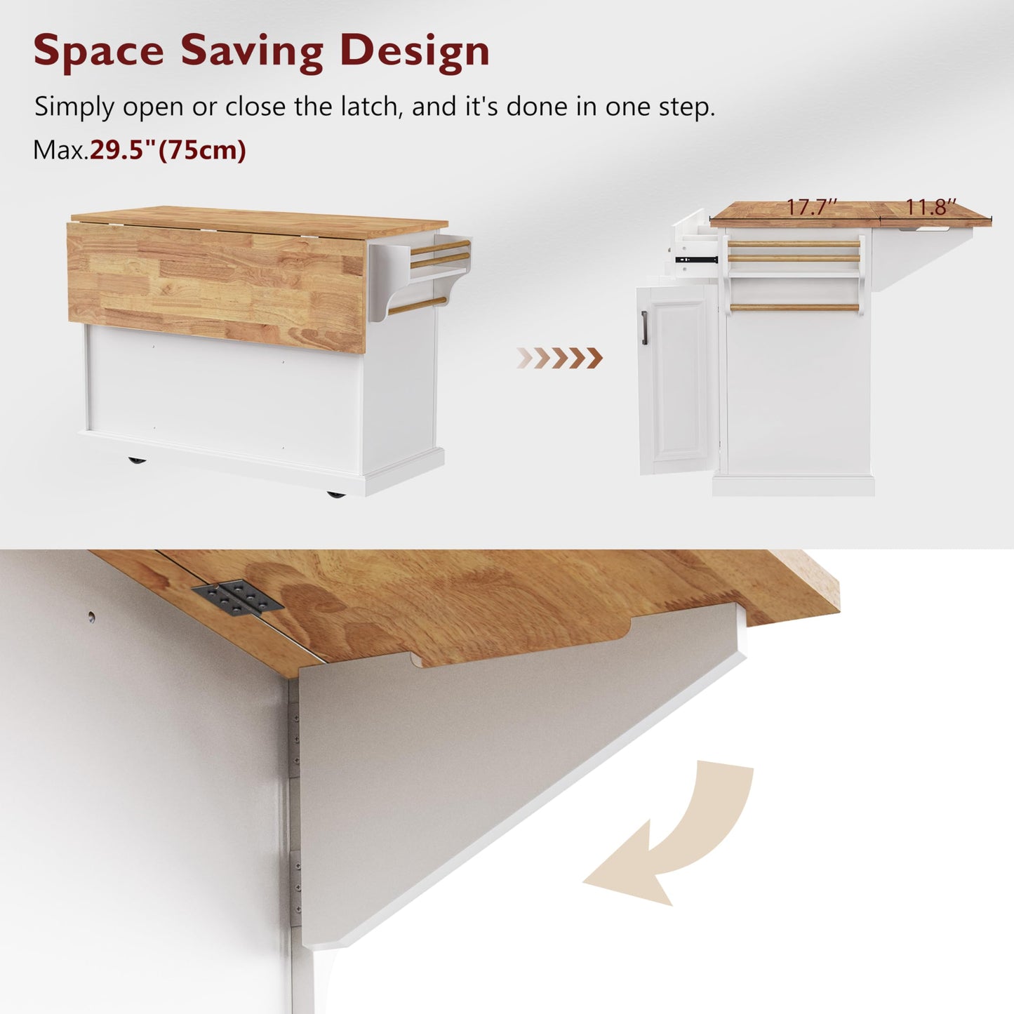 Ball & Cast Modern Large Kitchen Island with Rubber Wood Drop Leaf, Embossed Texture Rolling Cart on 4 Wheels W/4 Doors & 3 Drawers, Mobile Storage Kitchen Islands W/Storage for Dining Room,White,54"