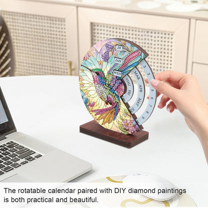 MVVMTOP Diamond Painting Wooden Rotating Calendar Kit, Hummingbird Design Special Shape Diamond Art Handicraft Kit, Rotating Day Month Week and Reusable Calendars, Ideal for Desk Decor & Gift