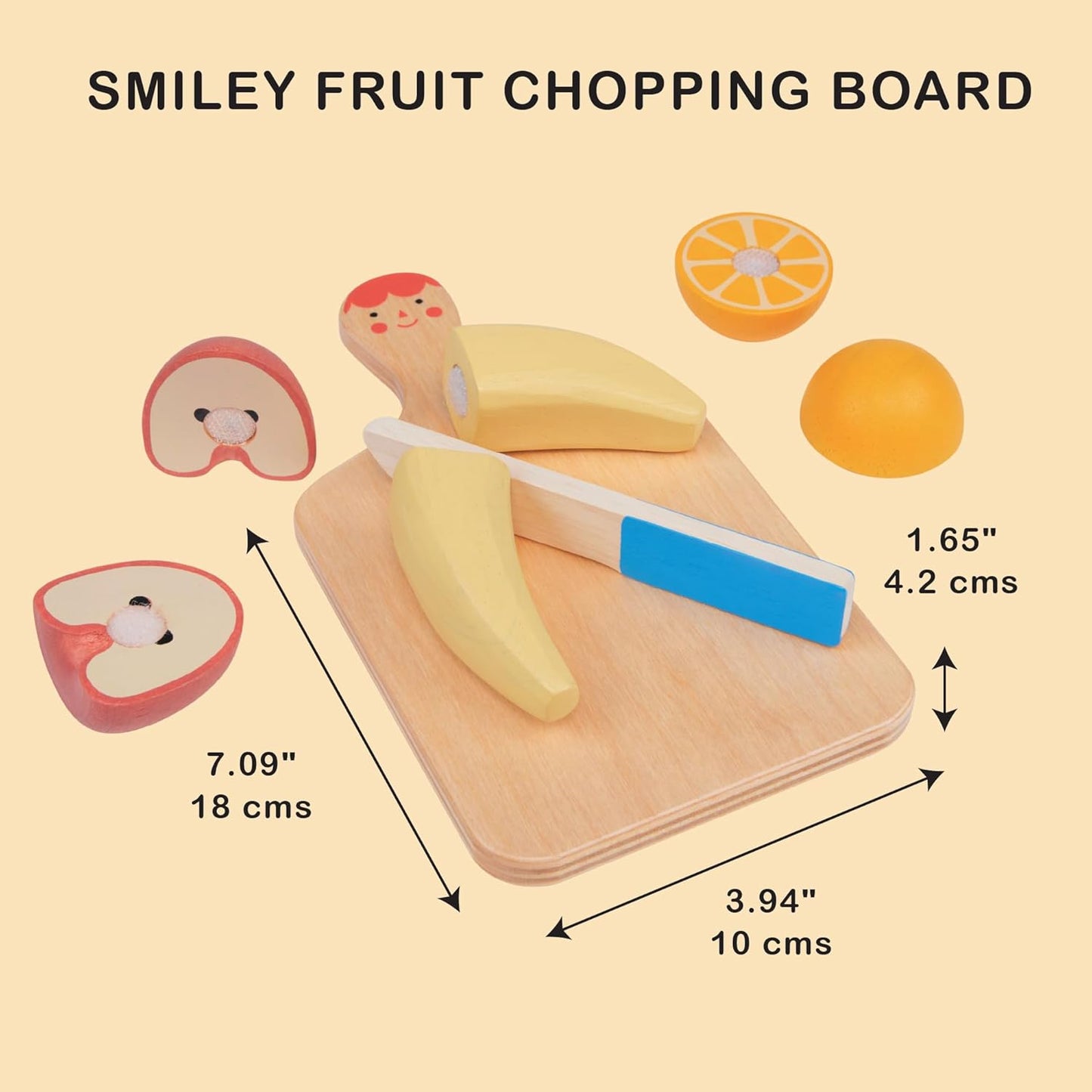 Smiley Fruit Chopping Board Toy Set - 8pc Wood Chopping Board with Play Knife & Choppable Fruits for Toddlers Age 2+