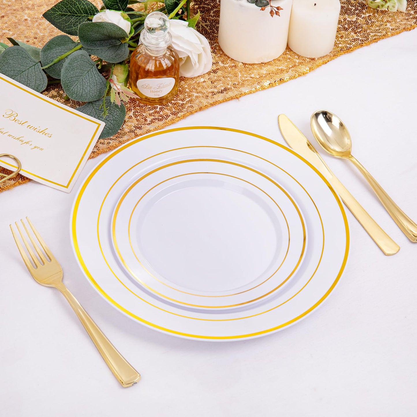I00000 200 Pcs Gold Plastic Plates - Disposable Party Plates Include 100 Dinner Plate and 100 Elegant Dessert Plate Perfect for Party, Holiday, Wedding & Birthday