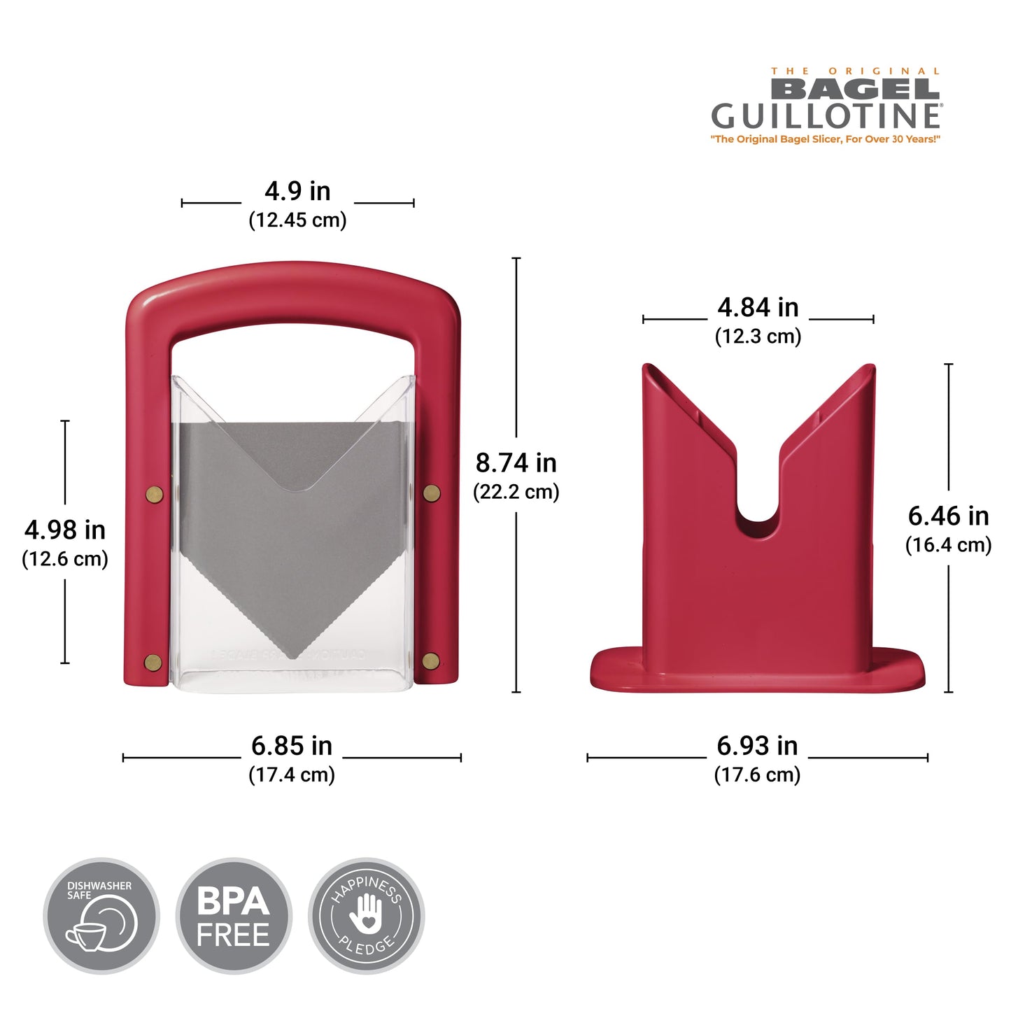 Hoan Bagel Biter Slicer and Cutter with Safety Shield - Serrated Blade Cuts Bagels, Muffins, Buns and Rolls - Dishwasher Safe Bagel Guillotine, 9.25 Inches Tall, Red