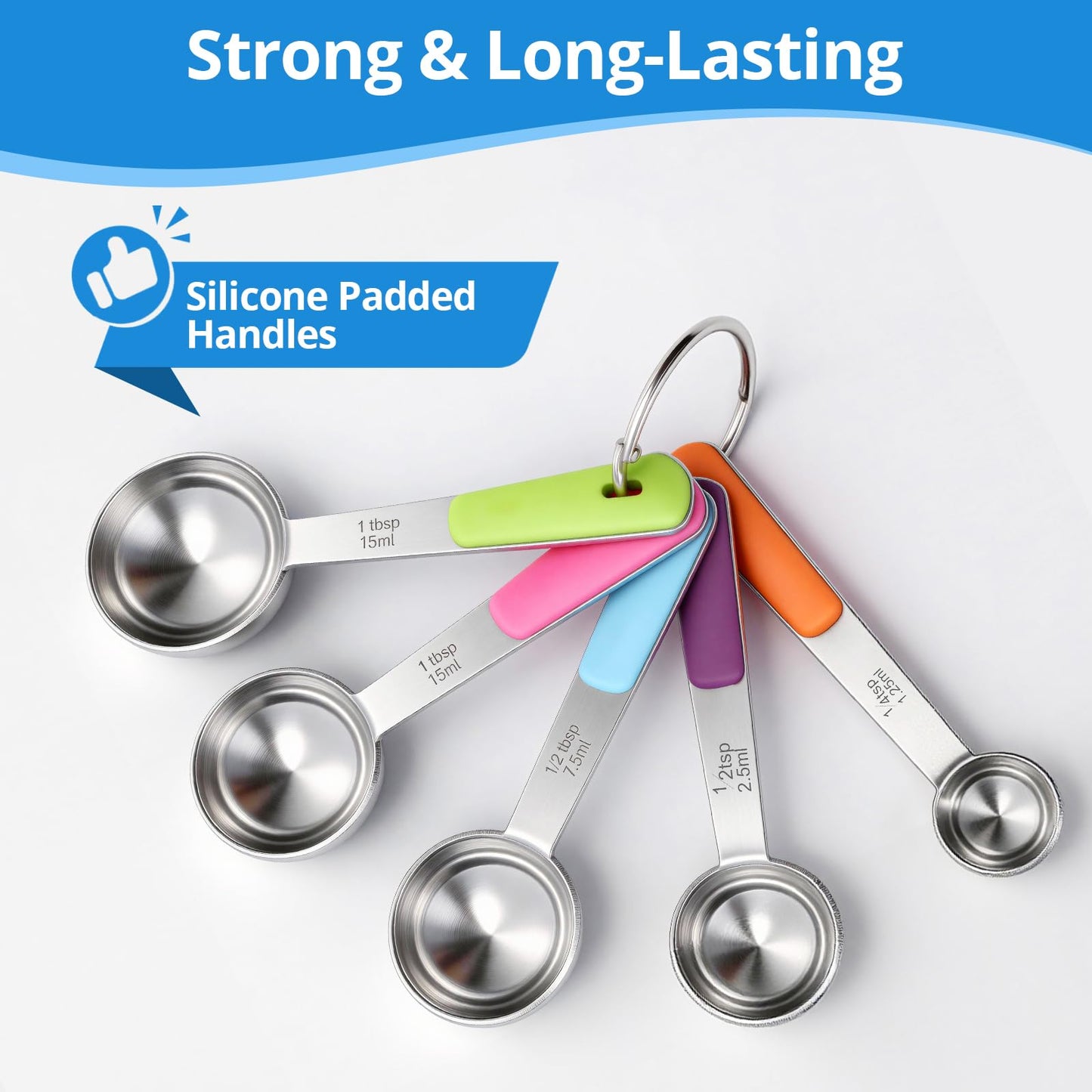 Bopei Measuring Cups and Spoons Set Stainless Steel 10 Piece for Cooking and Baking (5 Cups + 5 Spoons, Colorful Handles)