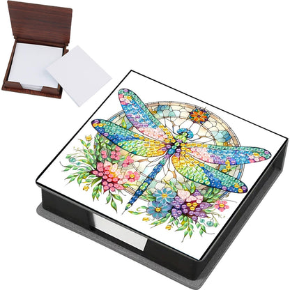 LAKEQUILL Diamond Art Painting Sticky Note Holder, Diamond Art Painting Wooden Memo Paper Storage Box, Notepad Holder with 160 Sticky Notes for Office Desk - Flower Dragonfly