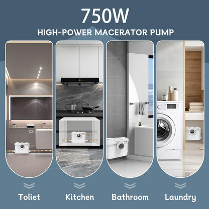 750W Macerator Pump, Advanced Grinding Upflush System, Macerating Toilet Sewerage Pump for Basement, Sink, Toilet, Laundry, Kitchen