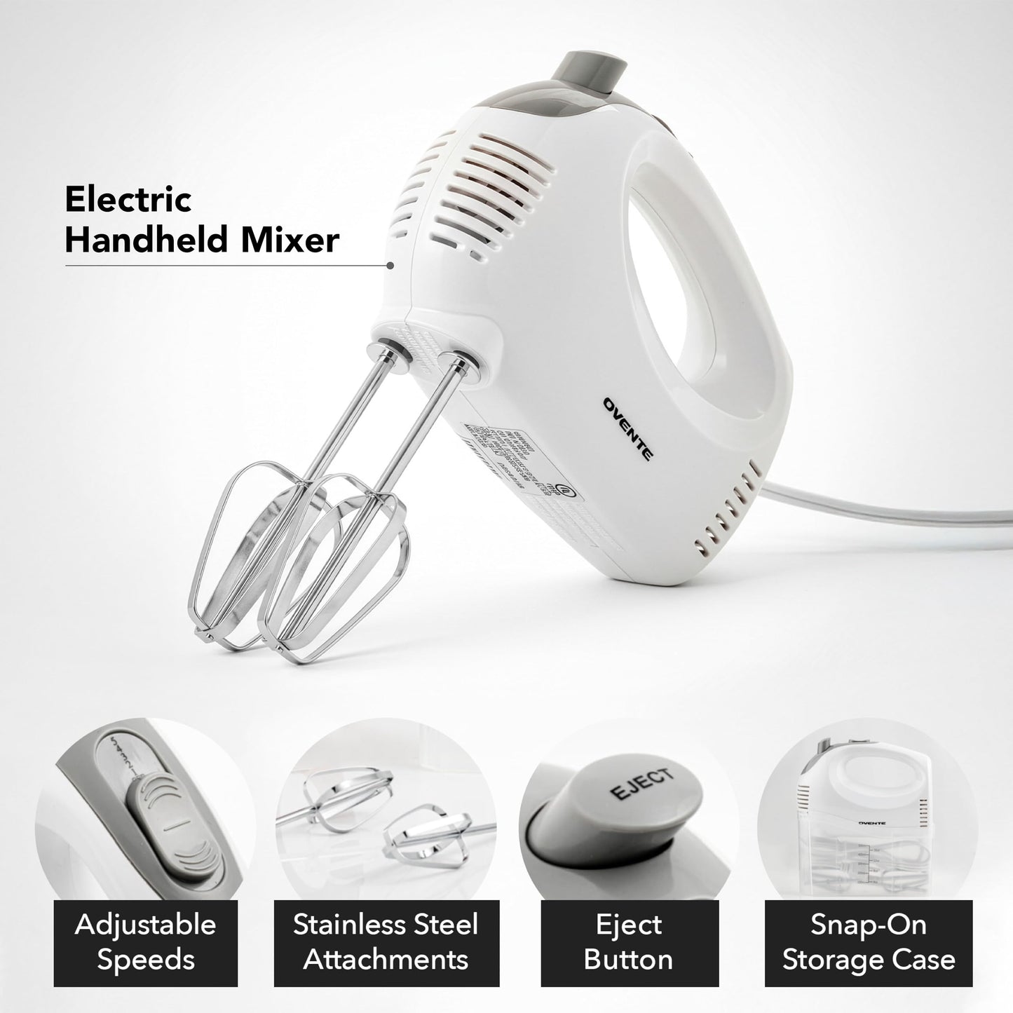 OVENTE 5-Speed Corded Electric Hand Mixer with Stainless Steel Whisks, Compact Portable Design with Snap-On Storage Case,150W Lightweight Handheld Mixer for Baking & Cooking, White HM151W