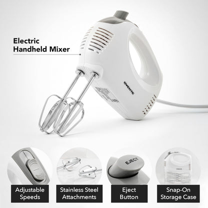 OVENTE 5-Speed Corded Electric Hand Mixer with Stainless Steel Whisks, Compact Portable Design with Snap-On Storage Case,150W Lightweight Handheld Mixer for Baking & Cooking, White HM151W