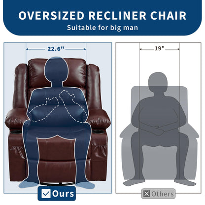 Rocking Recliner Chair for Adults PU Leather Wide Upholstered Glider Recliner with Cup Holder Deep Seat Single Sofa Rocker Chair for Nursery Living Room