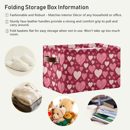 Happy Valentine's Day Storage Basket, Fabric Kitchen Bins in Pink Purple Love Heart, Foldable Organizer Bag, 16×12×8