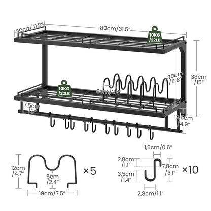 CHOEZON Pot Rack, Wall Mounted Pan Holder, 2-Tier Pot and Pan Organizer, Pot Hanger with 10 S-Shaped Hooks, Cookware Organizer with 5 Removable Metal Wire Dividers, Black TPR35BB