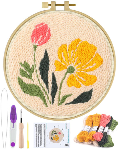ERKOON Punch Needle Kit Adults Beginners, DIY Easy Floral Embroidery Set for Starter Art Craft, Needling Punch Project with Patterns, Tools, Yarns, Hoop, Instruction (Rhubarb Flowers)