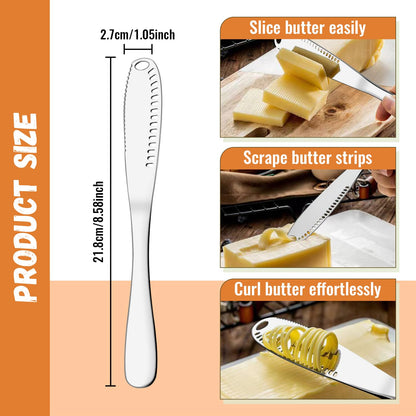 Sirmme Butter Knife 4 PCS, Stainless Steel Spreader with Curler & Grater Holes, Serrated Cutter Edge for Easy Slice & Spread, Ideal for Hard or Soft Butter - 3 in 1 Better Kitchen Gadgets
