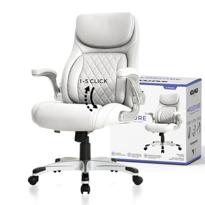 Nouhaus +Posture Ergonomic PU Leather Office Chair. Click5 Lumbar Support with FlipAdjust Armrests. Modern Executive Chair and Computer Desk Chair (White)